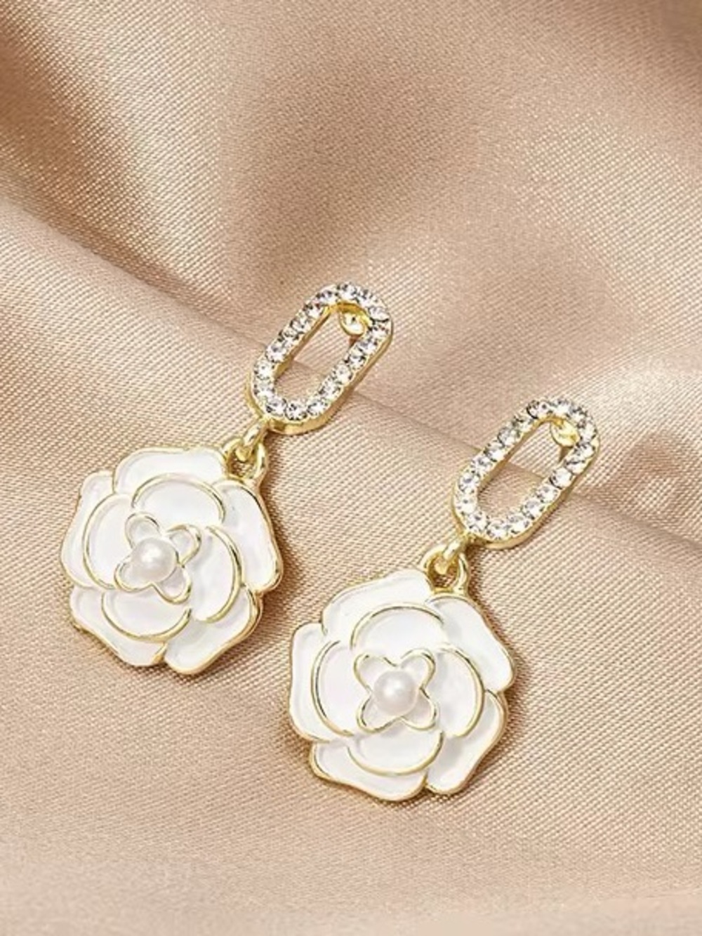 ***Elegant Gold White Enamel Flower Drop Earrings with Crystal Accents